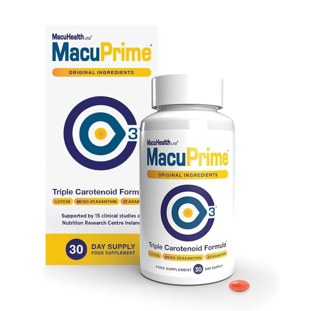 MacuPrime supplements bottle of capsules